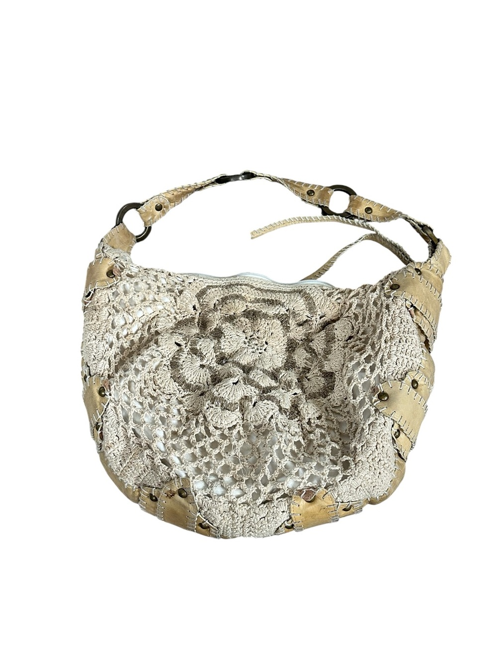 Vintage Y2K bebe Hobo Bag Crochet Floral Leather Whipstitch Trim Beaded Slouchy